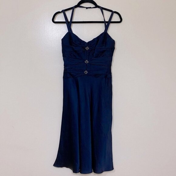 Badgley Mischka Navy Blue Silk Midi Dress 0 - Picture 1 of 13